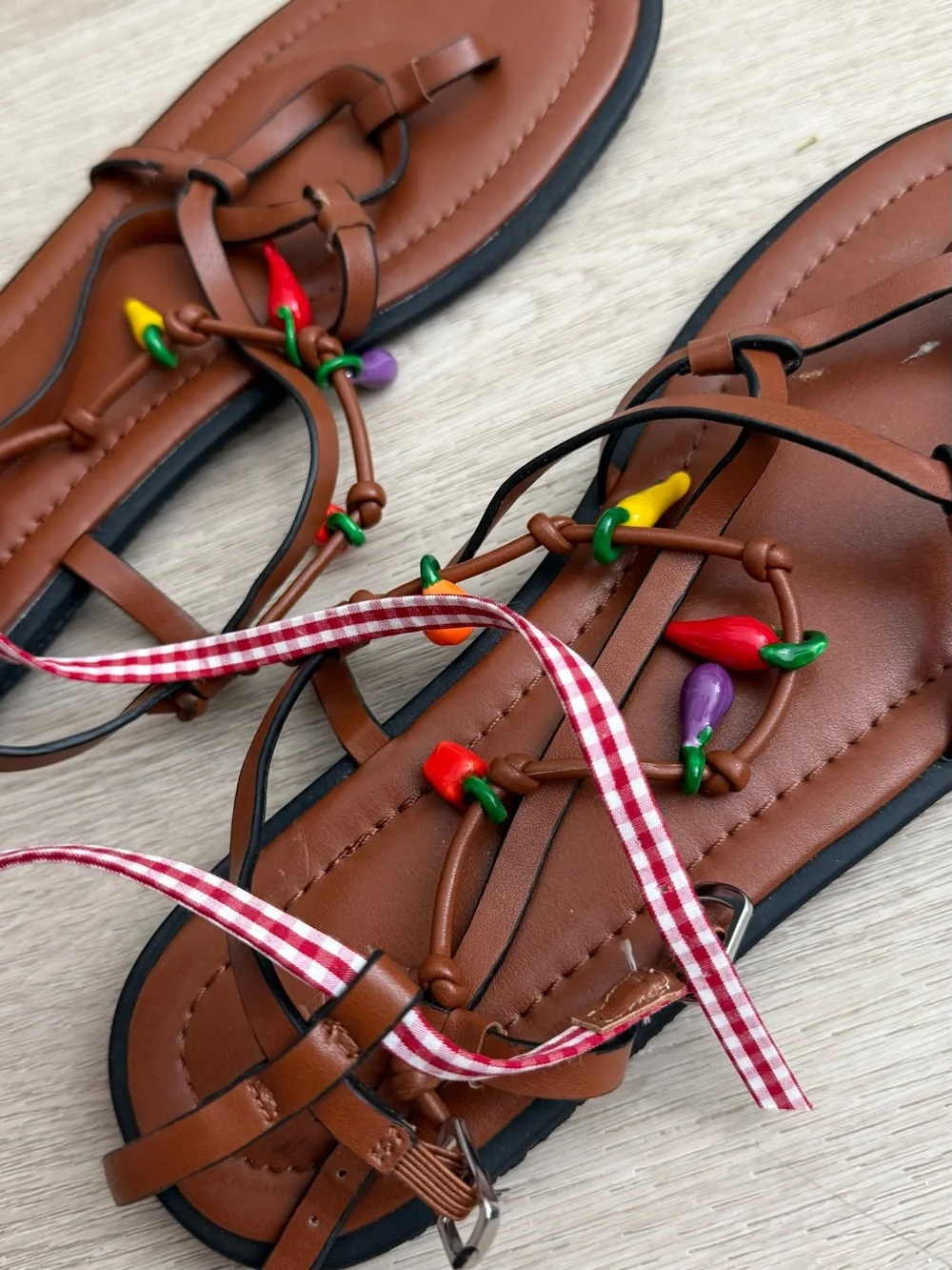Zara Brown Strappy Sandals with Colorful pepper embellishment and Gingham Ties - Picture 2 of 5